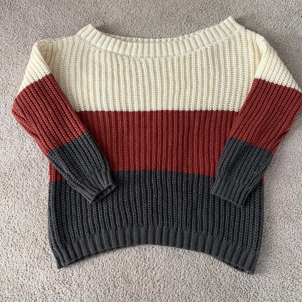 Cream and Red Off-the-Shoulder Sweater with Ribbed Texture